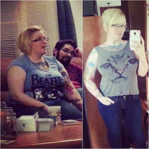 A progress pic of a 4'11" woman showing a fat loss from 216 pounds to 164 pounds. A total loss of 52 pounds.