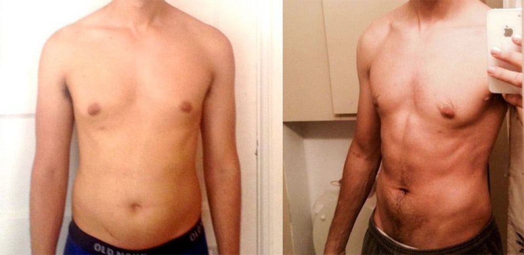 A before and after photo of a 5'11" male showing a weight loss from 166 pounds to 135 pounds. A total loss of 31 pounds.