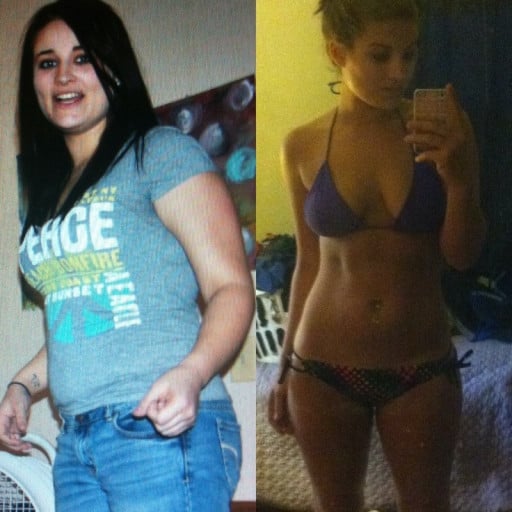 A photo of a 5'7" woman showing a weight cut from 180 pounds to 145 pounds. A net loss of 35 pounds.