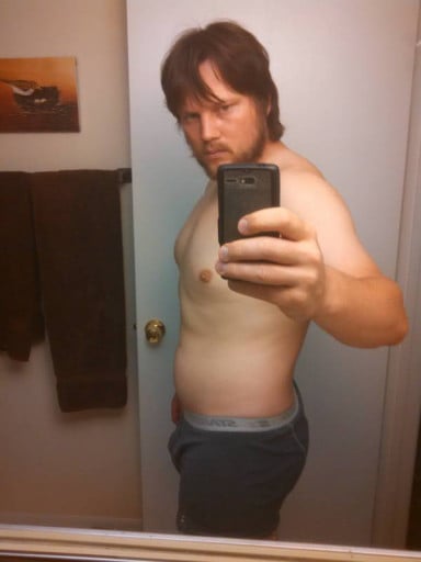A photo of a 5'11" man showing a fat loss from 243 pounds to 213 pounds. A respectable loss of 30 pounds.