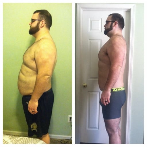 A photo of a 6'1" man showing a weight cut from 338 pounds to 265 pounds. A respectable loss of 73 pounds.