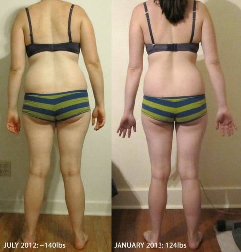 A photo of a 5'4" woman showing a weight reduction from 155 pounds to 124 pounds. A net loss of 31 pounds.
