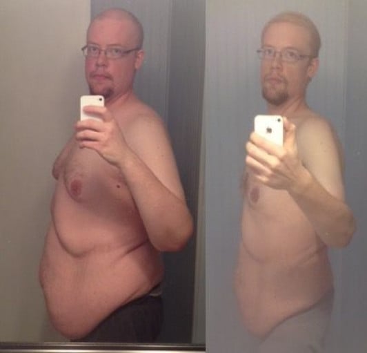 A picture of a 6'3" male showing a fat loss from 299 pounds to 209 pounds. A respectable loss of 90 pounds.