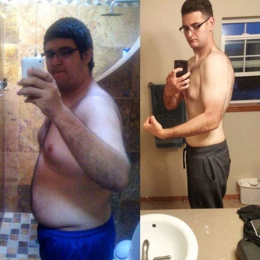 A picture of a 6'8" male showing a weight loss from 360 pounds to 240 pounds. A respectable loss of 120 pounds.