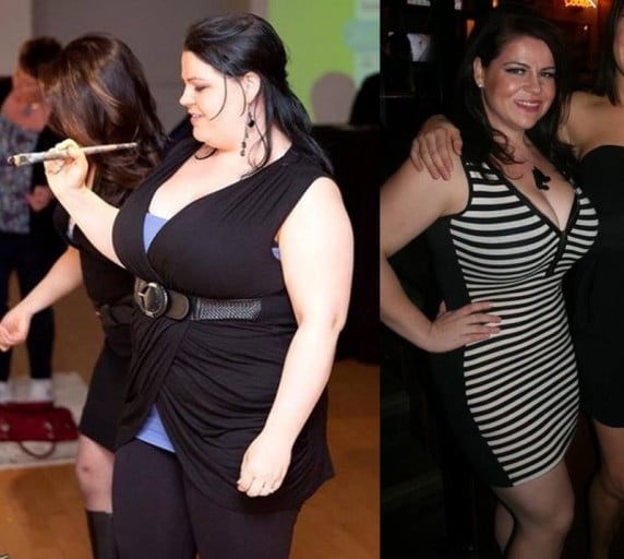 A progress pic of a 5'1" woman showing a weight loss from 218 pounds to 155 pounds. A net loss of 63 pounds.