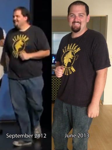 A photo of a 6'1" man showing a weight cut from 300 pounds to 250 pounds. A respectable loss of 50 pounds.