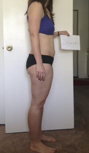 A before and after photo of a 5'2" female showing a snapshot of 130 pounds at a height of 5'2