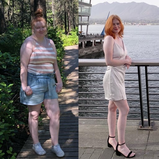 A before and after photo of a 5'5" female showing a weight reduction from 190 pounds to 127 pounds. A net loss of 63 pounds.
