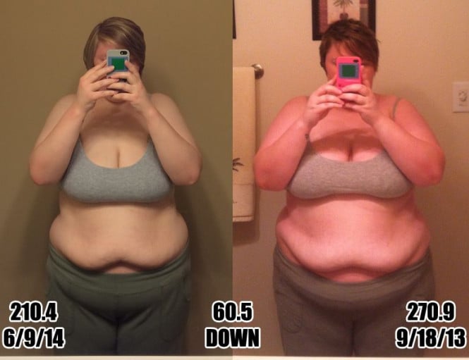 A progress pic of a 5'5" woman showing a weight reduction from 270 pounds to 210 pounds. A respectable loss of 60 pounds.