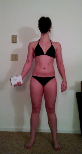 A before and after photo of a 5'3" female showing a snapshot of 123 pounds at a height of 5'3