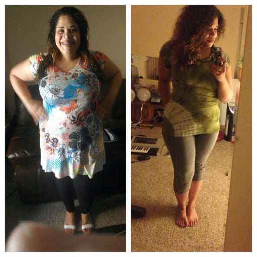 A progress pic of a 5'5" woman showing a fat loss from 255 pounds to 205 pounds. A net loss of 50 pounds.