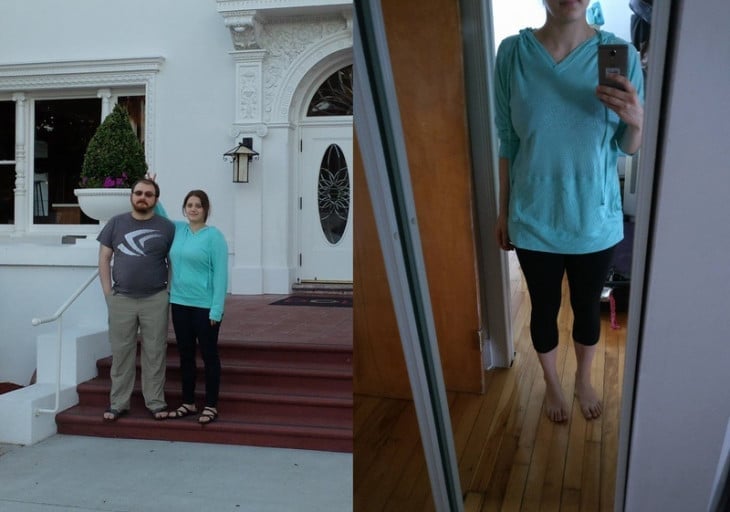 A photo of a 5'5" woman showing a weight cut from 175 pounds to 148 pounds. A net loss of 27 pounds.