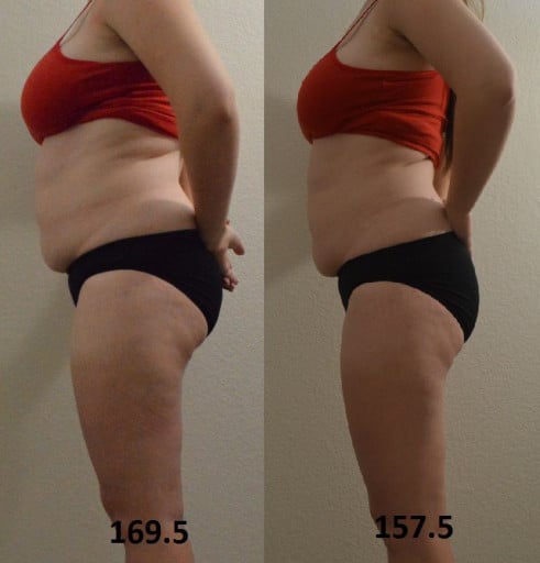 A before and after photo of a 5'5" female showing a weight cut from 169 pounds to 157 pounds. A respectable loss of 12 pounds.