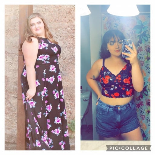 A before and after photo of a 5'7" female showing a weight reduction from 277 pounds to 193 pounds. A respectable loss of 84 pounds.