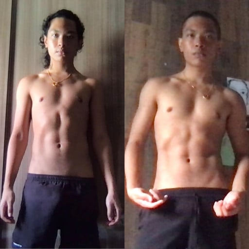 A progress pic of a 5'9" man showing a fat loss from 152 pounds to 147 pounds. A respectable loss of 5 pounds.