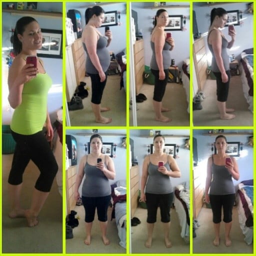 A progress pic of a 5'10" woman showing a fat loss from 260 pounds to 170 pounds. A net loss of 90 pounds.