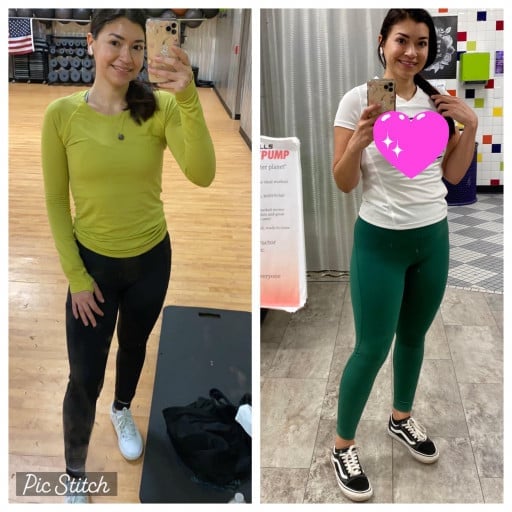 A progress pic of a 5'5" woman showing a muscle gain from 140 pounds to 150 pounds. A net gain of 10 pounds.