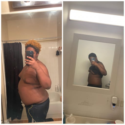 A before and after photo of a 6'0" male showing a weight reduction from 336 pounds to 285 pounds. A total loss of 51 pounds.