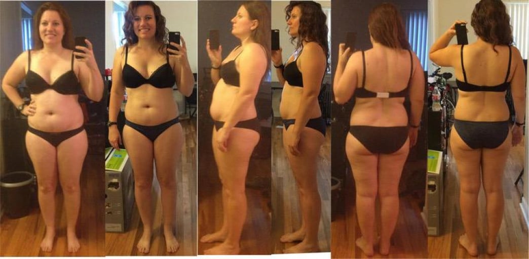 A progress pic of a 5'2" woman showing a fat loss from 170 pounds to 145 pounds. A respectable loss of 25 pounds.