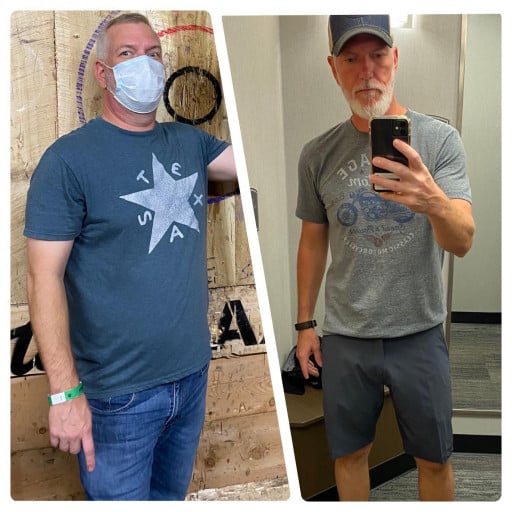 A progress pic of a 5'10" man showing a fat loss from 205 pounds to 165 pounds. A total loss of 40 pounds.