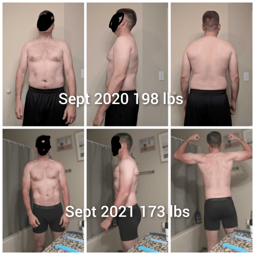 6 foot Male Before and After 25 lbs Fat Loss 198 lbs to 173 lbs