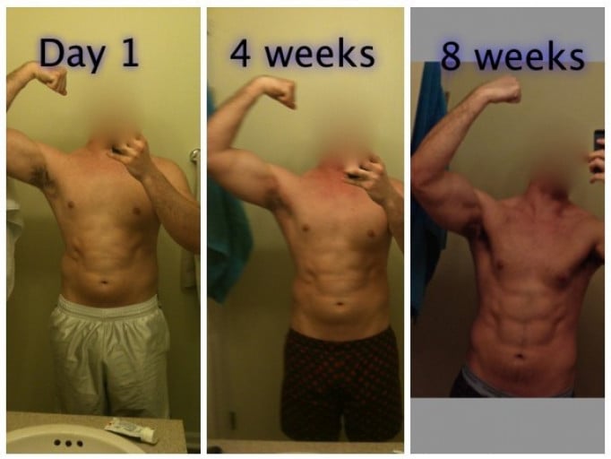 A picture of a 6'0" male showing a weight reduction from 202 pounds to 187 pounds. A total loss of 15 pounds.