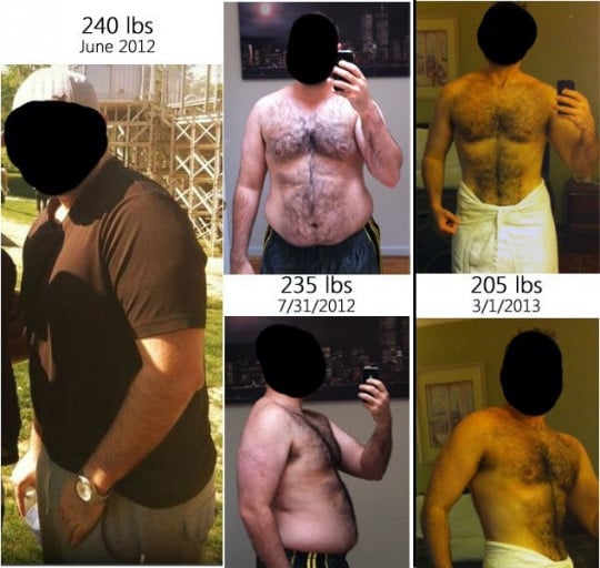 A picture of a 5'11" male showing a weight loss from 240 pounds to 205 pounds. A respectable loss of 35 pounds.