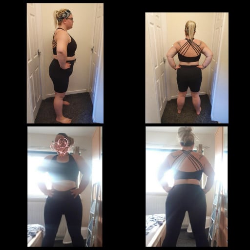 A progress pic of a 5'6" woman showing a fat loss from 221 pounds to 181 pounds. A net loss of 40 pounds.