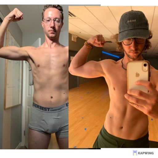 A before and after photo of a 5'10" male showing a muscle gain from 130 pounds to 152 pounds. A respectable gain of 22 pounds.