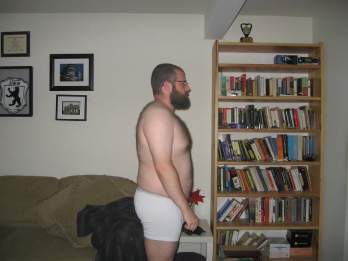 A before and after photo of a 5'8" male showing a snapshot of 213 pounds at a height of 5'8