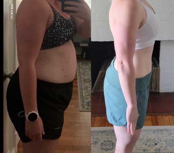 A before and after photo of a 5'4" female showing a weight reduction from 195 pounds to 148 pounds. A total loss of 47 pounds.