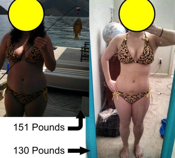 A photo of a 5'2" woman showing a weight cut from 151 pounds to 130 pounds. A total loss of 21 pounds.