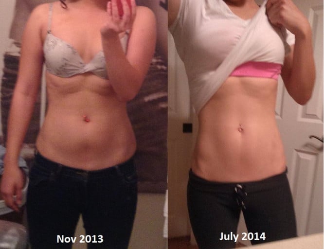 A progress pic of a 5'6" woman showing a fat loss from 152 pounds to 133 pounds. A total loss of 19 pounds.