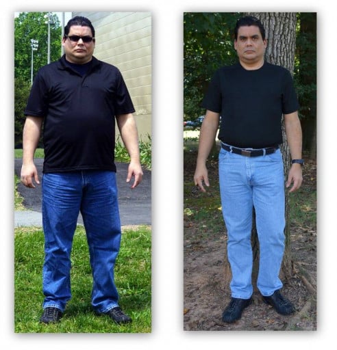 A progress pic of a 6'0" man showing a weight reduction from 296 pounds to 236 pounds. A respectable loss of 60 pounds.