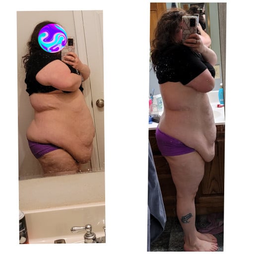 A photo of a 5'2" woman showing a weight cut from 265 pounds to 215 pounds. A net loss of 50 pounds.