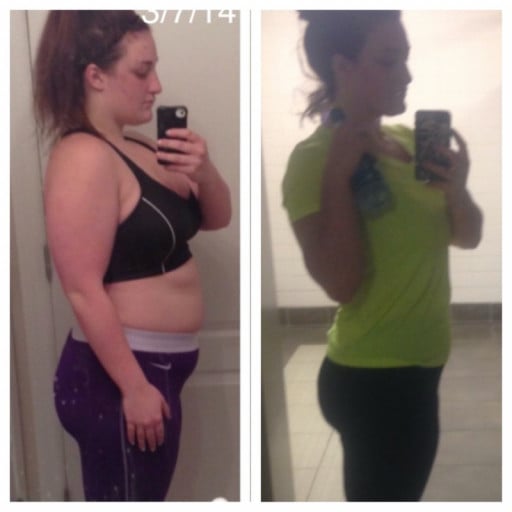 A progress pic of a 5'5" woman showing a fat loss from 220 pounds to 190 pounds. A net loss of 30 pounds.