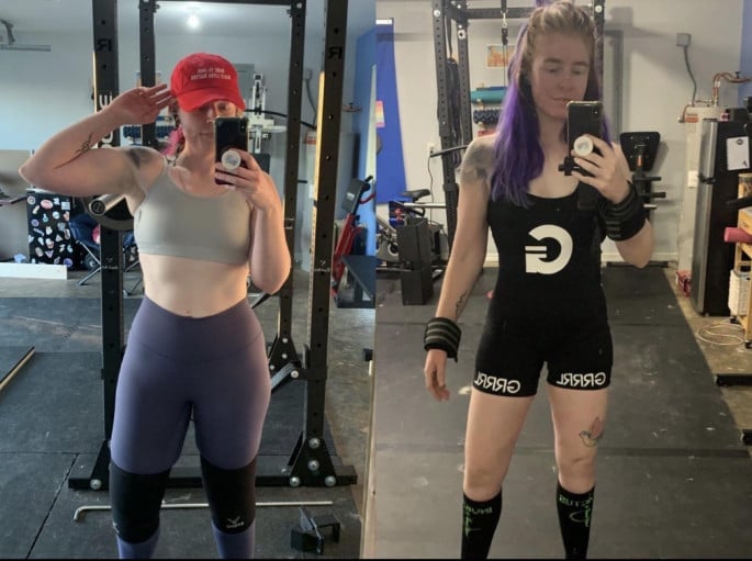 A progress pic of a 5'7" woman showing a fat loss from 155 pounds to 135 pounds. A net loss of 20 pounds.