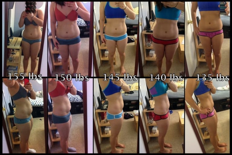 A before and after photo of a 5'3" female showing a weight reduction from 160 pounds to 135 pounds. A total loss of 25 pounds.