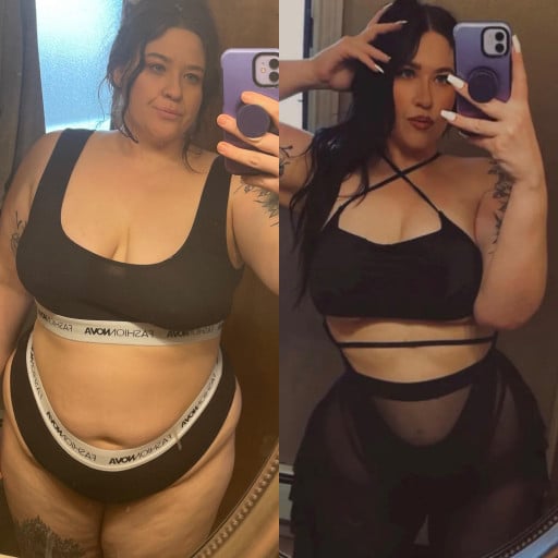 A progress pic of a 5'9" woman showing a fat loss from 250 pounds to 190 pounds. A respectable loss of 60 pounds.
