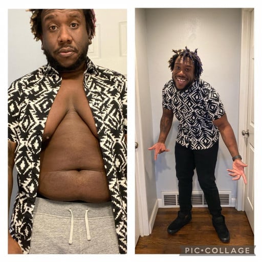 A before and after photo of a 6'1" male showing a snapshot of 299 pounds at a height of 6'1
