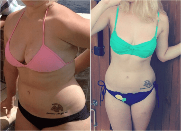 A before and after photo of a 5'6" female showing a weight reduction from 201 pounds to 130 pounds. A respectable loss of 71 pounds.