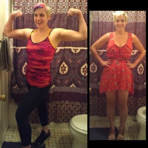 A progress pic of a 5'9" woman showing a weight loss from 280 pounds to 180 pounds. A net loss of 100 pounds.