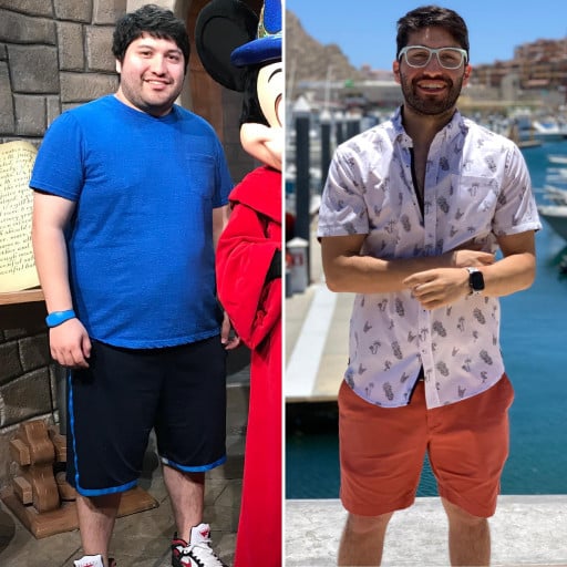 A before and after photo of a 5'5" male showing a weight reduction from 265 pounds to 145 pounds. A net loss of 120 pounds.