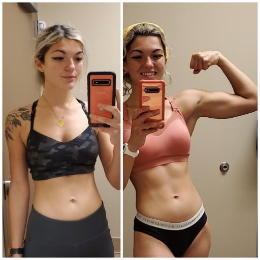 A photo of a 5'11" woman showing a muscle gain from 150 pounds to 158 pounds. A net gain of 8 pounds.