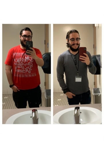A before and after photo of a 5'9" male showing a weight reduction from 265 pounds to 168 pounds. A respectable loss of 97 pounds.