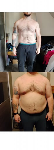 A picture of a 5'6" male showing a weight loss from 233 pounds to 174 pounds. A respectable loss of 59 pounds.