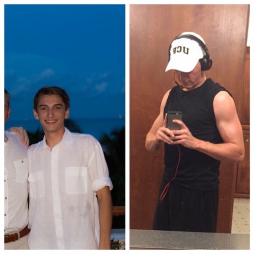 A progress pic of a 5'9" man showing a weight gain from 127 pounds to 157 pounds. A net gain of 30 pounds.