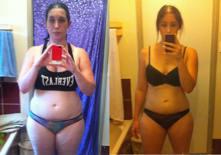 A photo of a 5'9" woman showing a weight cut from 203 pounds to 177 pounds. A respectable loss of 26 pounds.