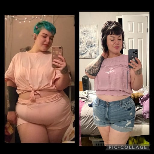 A progress pic of a 5'3" woman showing a fat loss from 240 pounds to 204 pounds. A total loss of 36 pounds.