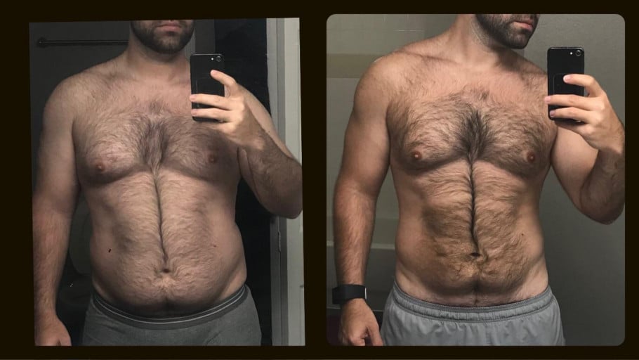 A picture of a 6'0" male showing a weight loss from 247 pounds to 217 pounds. A net loss of 30 pounds.